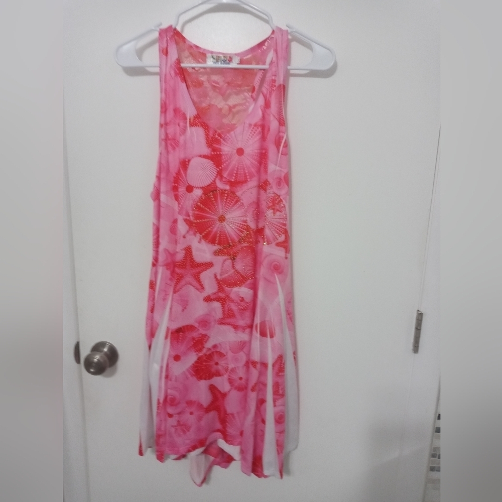 India Boutique Barbie pink printed Seahells Beach Flare Dress w floral Lace Back